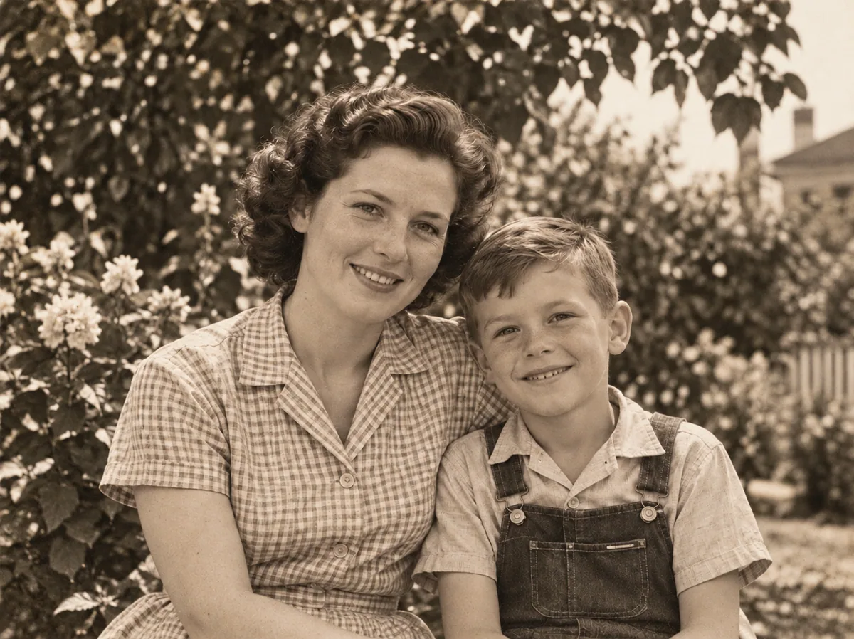 Mother and son, gently restored photo (illustrative)