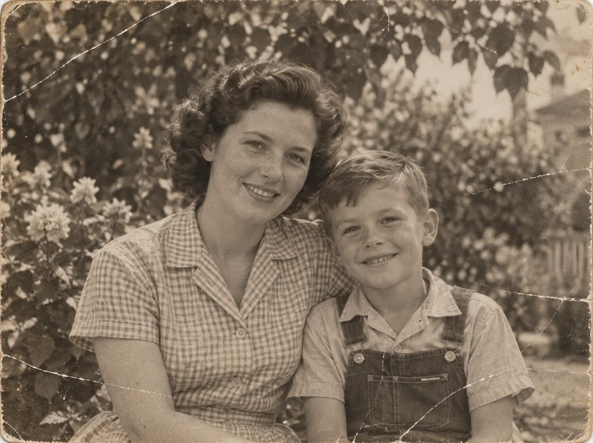 Mother and son, original aged photo (illustrative)
