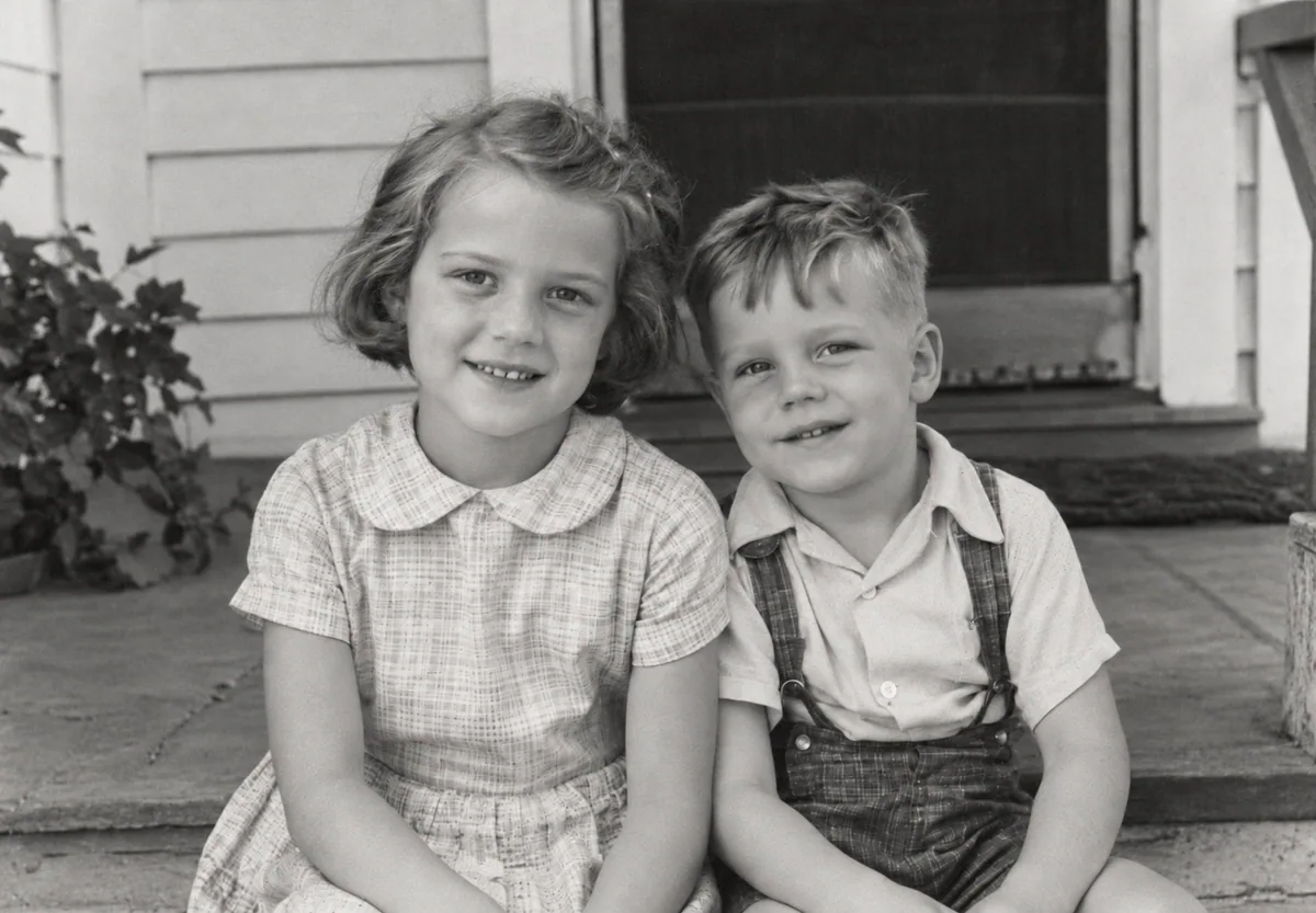 Siblings on the porch, gently restored photo (illustrative)