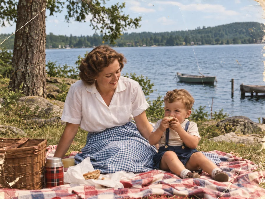 A mother and child at a 1950s lakeside picnic — illustrative after photo