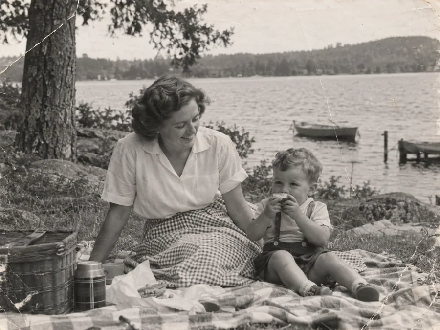 A mother and child at a 1950s lakeside picnic — illustrative before photo