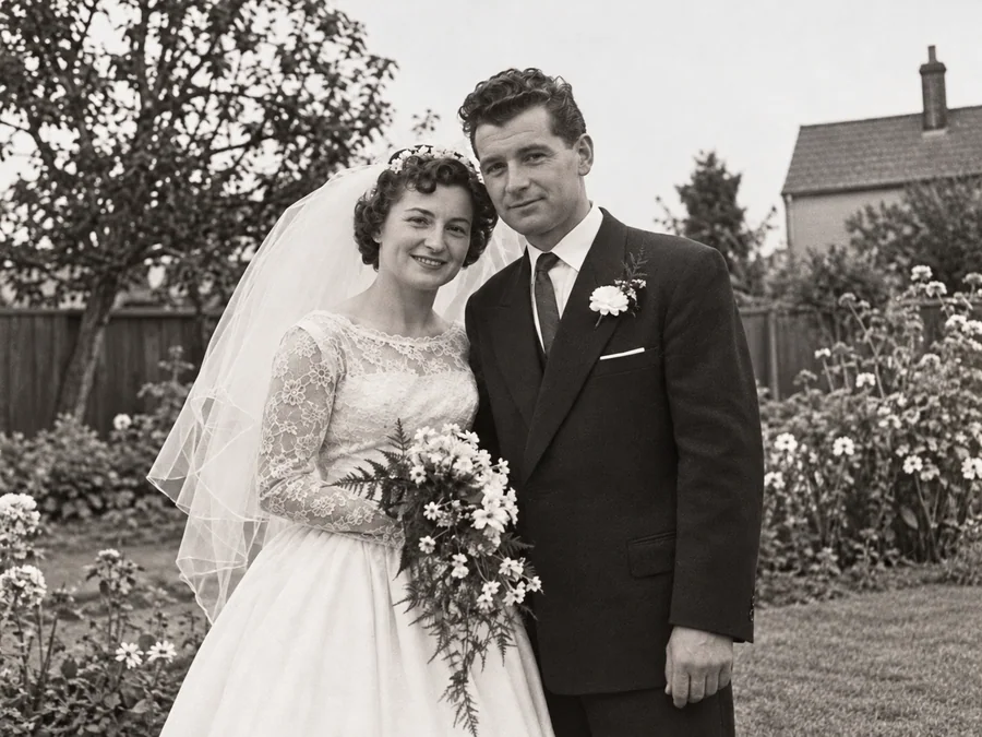 A 1950s wedding portrait with a torn corner — illustrative after photo