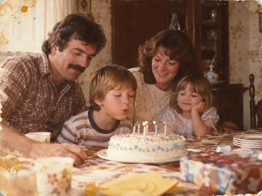 A candid 1980s family birthday photograph — illustrative before photo