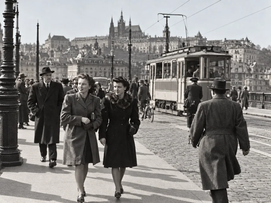 A 1940s city street with a tram and pedestrians — illustrative after photo